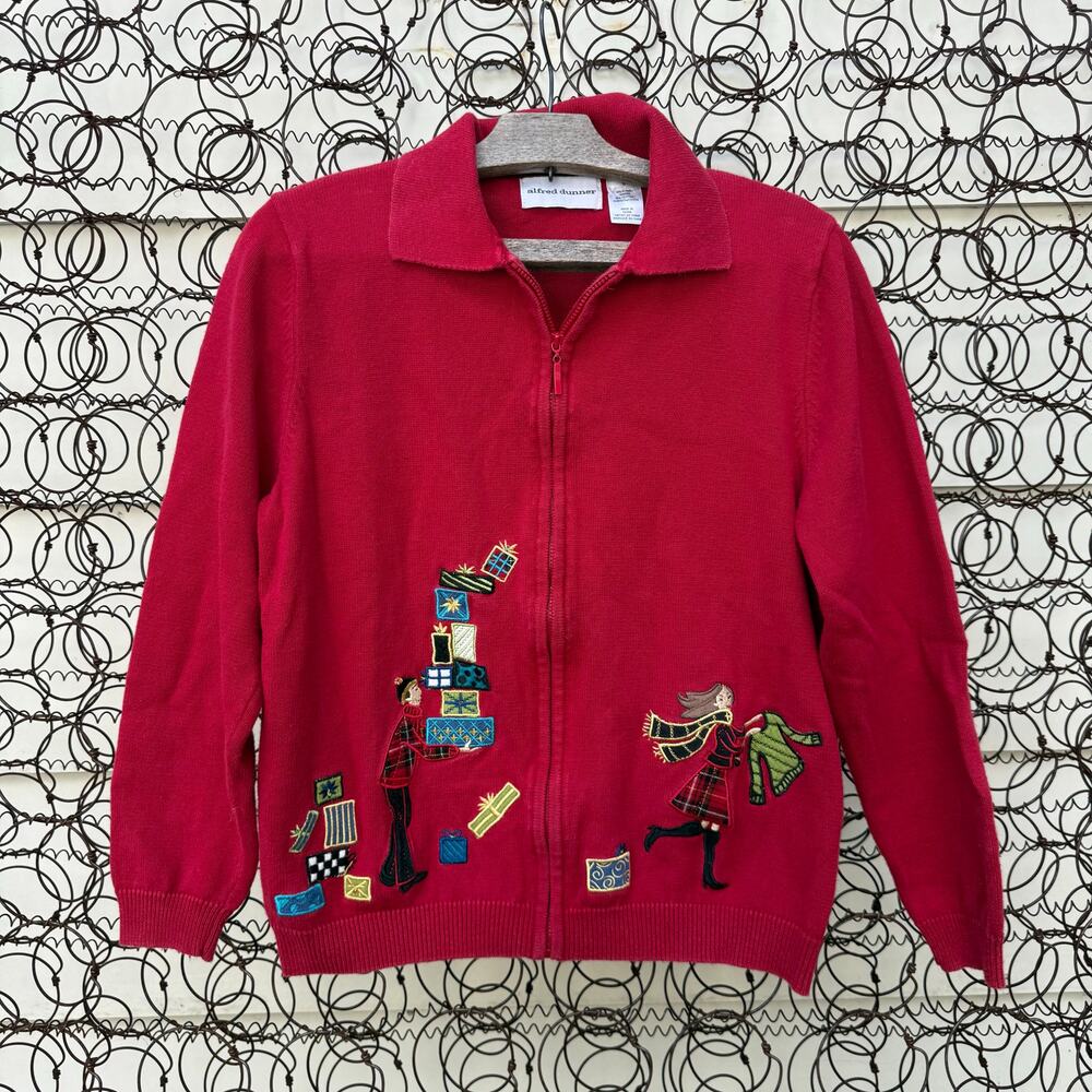 VTG 90s Alfred Dunner Christmas Shopping Presents Stack Cardigan Zip Up SMALL